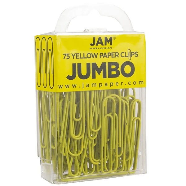 JAM Paper® Vinyl Colored Jumbo Paper Clips, Large, Yellow, 75/Pack (42182236) 1 JAM Paper® Vinyl Colored Jumbo Paper Clips, Large, Yellow, 75/Pack (42182236)