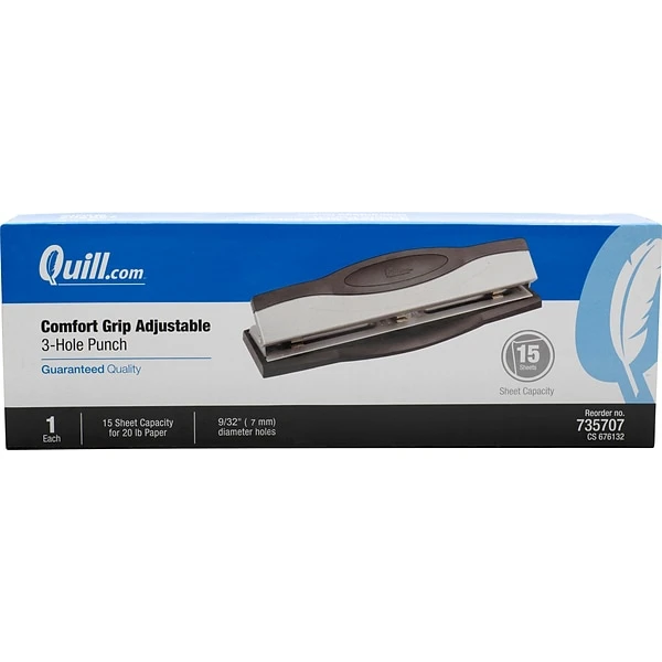 Quill Brand® 3-Hole Punch, 15 Sheet Capacity, Silver/Black (35707-QCC) 1 Quill Brand® 3-Hole Punch, 15 Sheet Capacity, Silver/Black (35707-QCC)