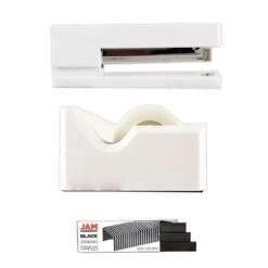 JAM Paper® Office & Desk Sets, (1) Tape Dispenser (1) Stapler (1) Pack Of Staples, White And Black, 3/pack