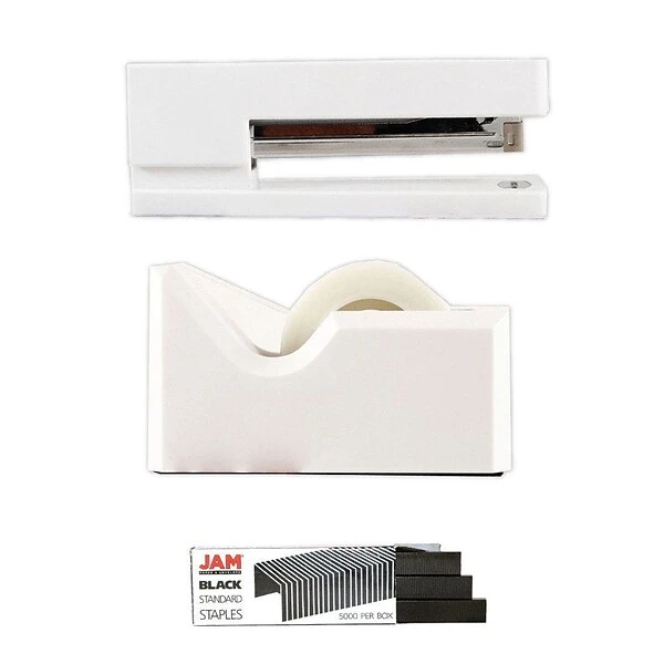JAM Paper® Office & Desk Sets, (1) Tape Dispenser (1) Stapler (1) Pack Of Staples, White And Black, 3/pack 1 JAM Paper® Office & Desk Sets, (1) Tape Dispenser (1) Stapler (1) Pack Of Staples, White And Black, 3/pack