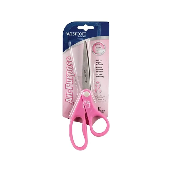 Westcott® All Purpose Pink Ribbon 8" Stainless Steel Scissors, Pointed Tip, Pink (15387) 1 Westcott® All Purpose Pink Ribbon 8" Stainless Steel Scissors, Pointed Tip, Pink (15387)