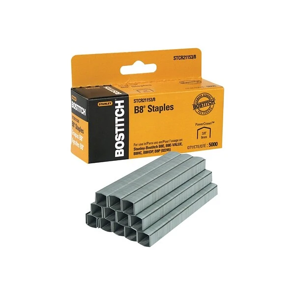 Bostitch B8 PowerCrown Chisel Tip Staples, 0.38" Leg Length, 5000/Box (STCR21153/8) 1 Bostitch B8 PowerCrown Chisel Tip Staples, 0.38" Leg Length, 5000/Box (STCR21153/8)
