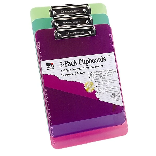 Charles Leonard Plastic Clipboards, Assorted Colors, 3/Pack (CHL89775) 1 Charles Leonard Plastic Clipboards, Assorted Colors, 3/Pack (CHL89775)